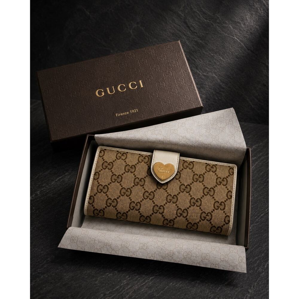 Gucci GG Monogram Lovely Heart Wallet Beige Brown Continental Wallet w/ Box